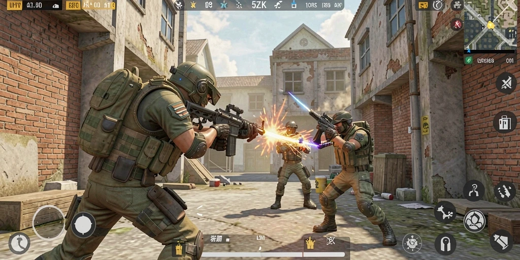 Screenshot gameplay <strong>5ZK</strong> menunjukkan pertempuran intens di medan perang yang dinamis.