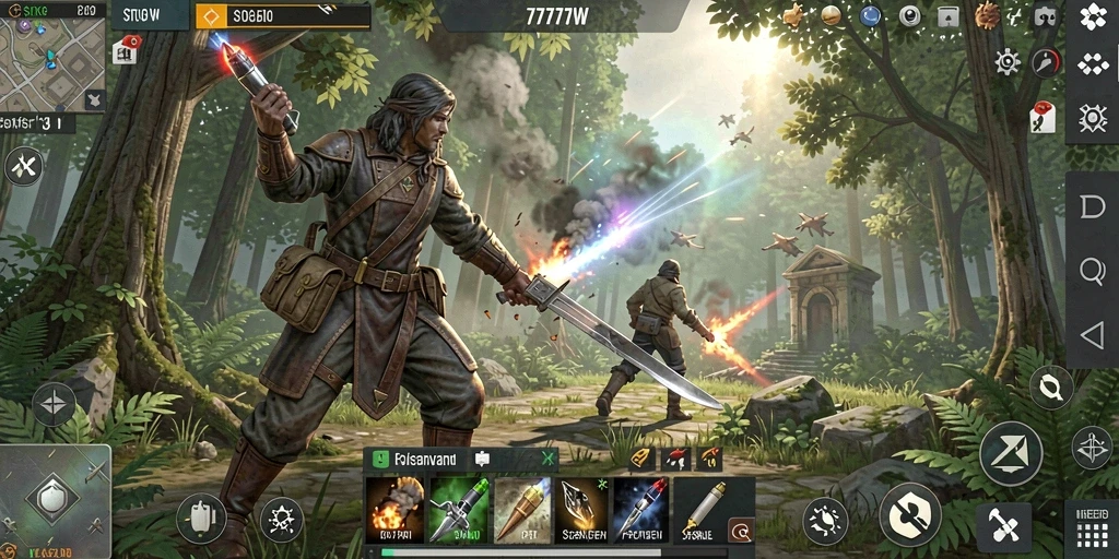 Tangkapan layar gameplay dari 7777W yang menunjukkan pertempuran strategis.