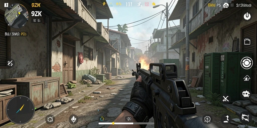 Screenshot gameplay <strong>9ZK</strong> menampilkan aksi menembak yang mendebarkan.