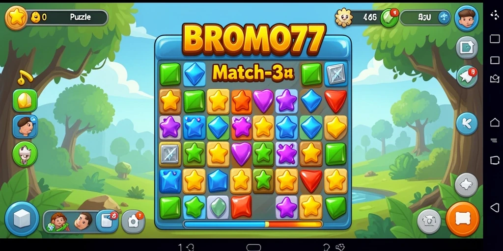 Tampilan gameplay BROMO77 dengan elemen Match-3 yang warna-warni.