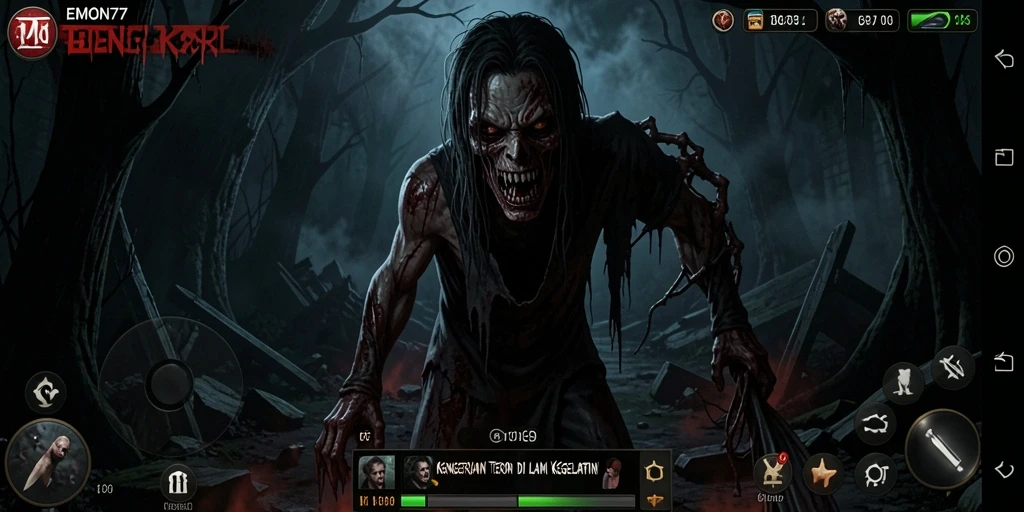 Screenshot gameplay EMON77 yang menunjukkan suasana Horror yang mencekam.