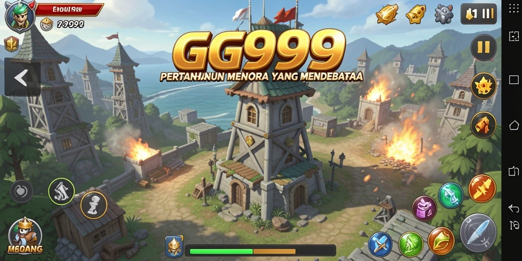 Tampilan screenshot GG999 yang menampilkan pertempuran menara yang intens.