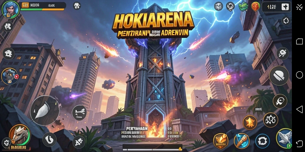 Tampilan gameplay seru HOKIARENA dengan menara pertahanan yang strategis.