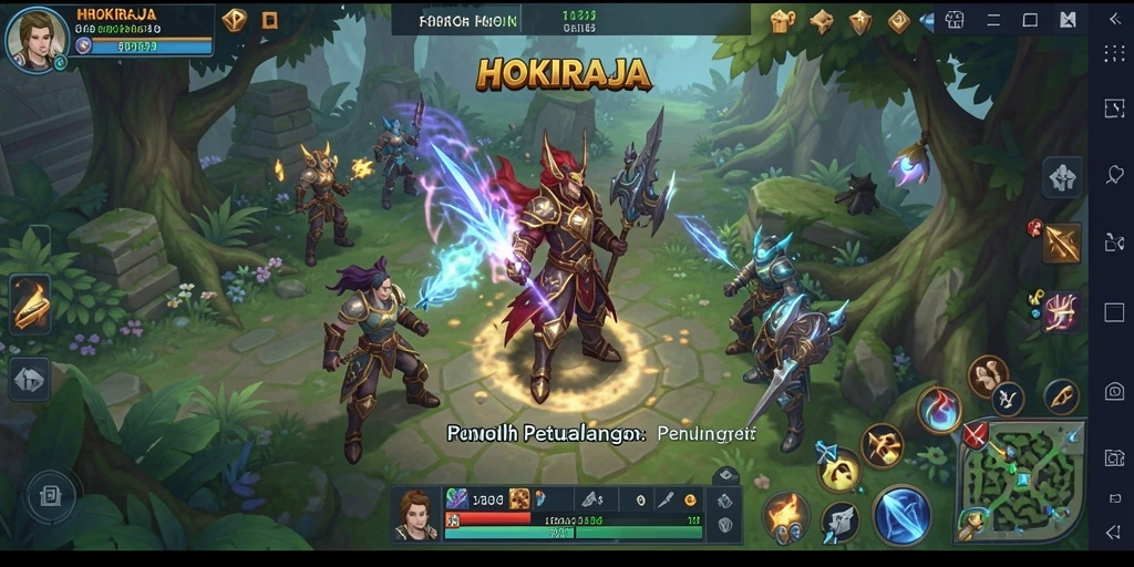 Screenshot gameplay HOKIRAJA yang menunjukkan pertarungan epik karakter MMORPG.
