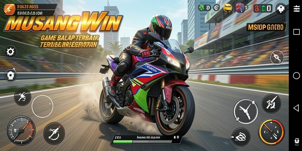 Screenshot utama MUSANGWIN menampilkan aksi balap motor yang seru dan mendebarkan.