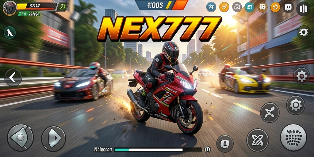 Tampilan gameplay seru dari NEX777 dengan motor balap yang menonjol.