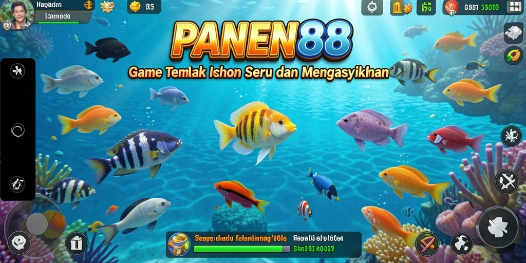 Tampilan gameplay seru dari PANEN88 dengan banyak ikan berwarna-warni.