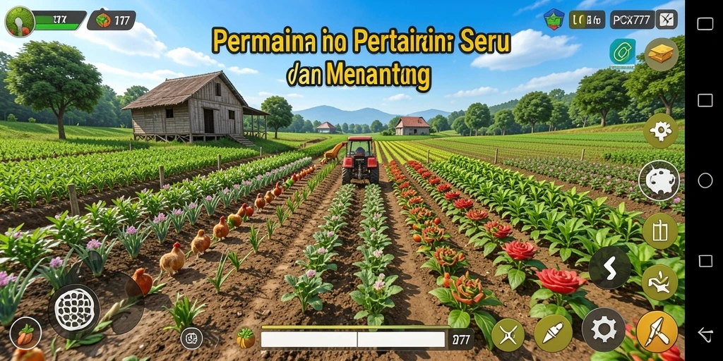 Tampilan gameplay <strong>PCX777</strong> yang menampilkan ladang hijau dan hewan ternak yang lucu.