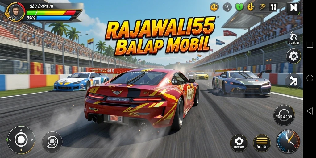 Screenshot utama RAJAWALI55 menampilkan aksi balapan yang mendebarkan.
