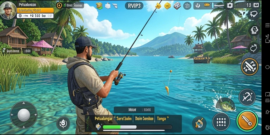 Tampilan gameplay <strong>RVIP3</strong> dengan grafis memukau saat memancing.