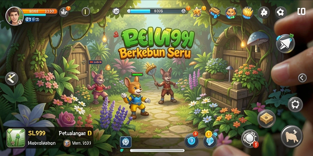 Screenshot gameplay SL999 menampilkan kebun yang indah dan tanaman yang beragam.