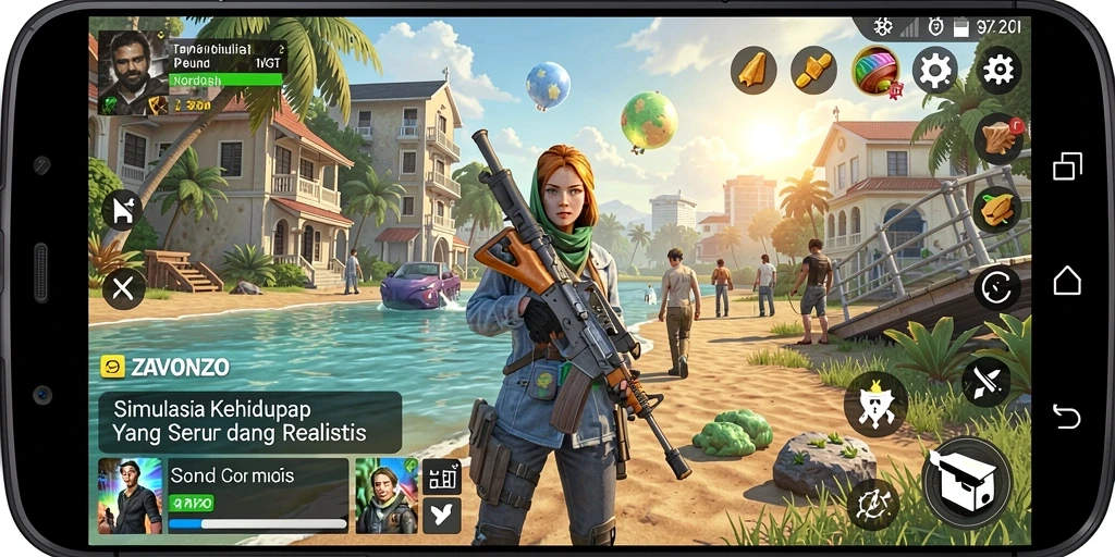 Tangkapan layar gameplay ZAVONZO yang menunjukkan interaksi karakter.